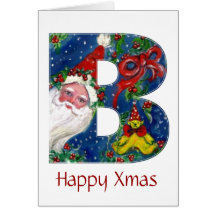 B LETTER / SANTA CLAUS WITH RED RIBBON MONOGRAM GREETING CARD