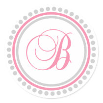 B Monogram (Pink / Silver Dot Circle) Round Sticker