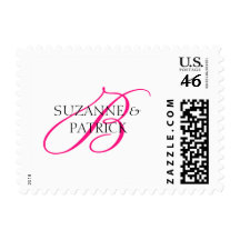 B Script Monogram With Names Postage (Hot Pink)