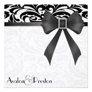 B&W Brocade Black Bow Damask Wedding Invitation