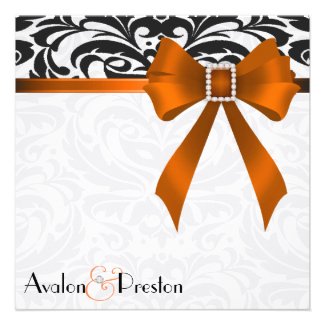 B&W Brocade Nectarine Bow Damask Wedding Invite