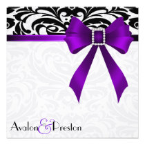 B&W Brocade Purple Bow Damask Wedding Invitation
