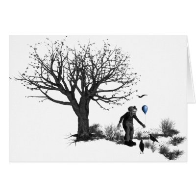 B&W Clown - Blue Balloon - Old Tree - Ravens Greeting Cards by VoXeeD