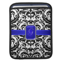 B&W Damask Blue Faux Jewel Monogram Ipad Sleeve