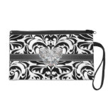 B&W Damask Faux Diamond Black Wristlet Bag