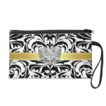 B&W Damask Faux Diamond Gold Wristlet Bag