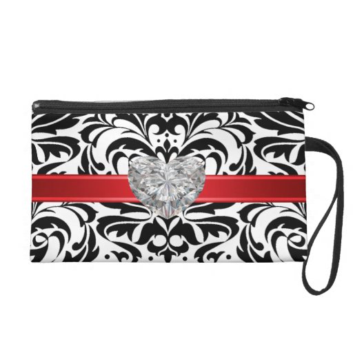B&W Damask Faux Diamond Red Wristlet Bag
