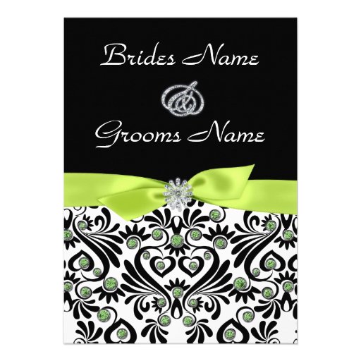 B & W Damask with Lime Green Wedding Invitations