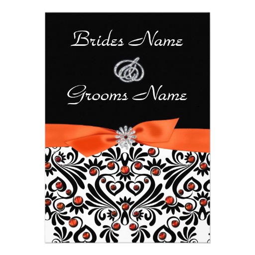 B & W Damask with Orange Wedding Invitation