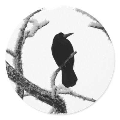 B&W Winter Raven Edgar Allan Poe Round Stickers by VoXeeD