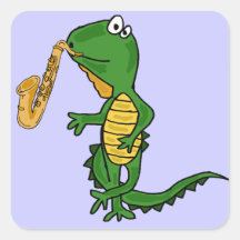 BA- Funny Iguana Playing the Saxophone and Dancing Square Stickers