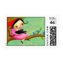 BABUSHKA and CAT meet BLUE BIRDS Stamps