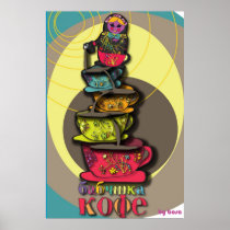 Babushka Coffe Cups Vintage Poster
