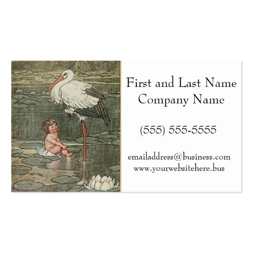 Baby and Stork Vintage Retro Illustration Business Card Template (front side)