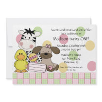 Baby Animals 1st Birthday Girl Invitation by celebrateitinvites Baby Animals 1st Birthday Girl Invitation