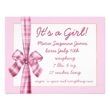 Baby Announcement for girl photo retro pink bow