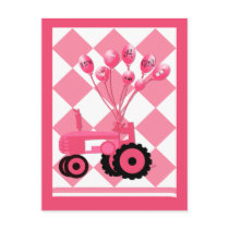 Baby Announcement Pink Tractor with Balloons postcards by KirstenEdwards Baby Announcement Pink Tractor with Balloons postcards