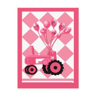Baby Announcement Pink Tractor with Balloons postcard