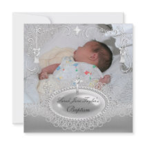 Baby Baptism Girl Boy Christening Silver Pearl Personalized Invitation