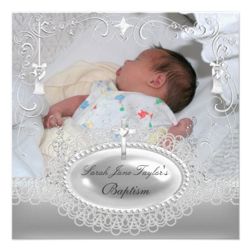 Baby Baptism Girl Boy Christening Silver Pearl Personalized Invitation