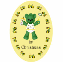 Baby Bear and Green Tractor Christmas Ornament photo sculptures