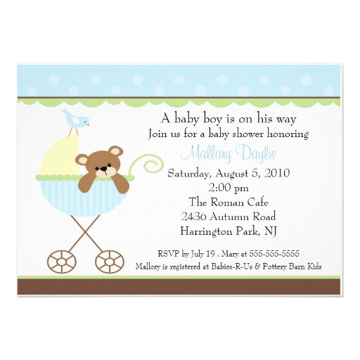 Baby Bear Carriage Boy Baby Shower Invitation