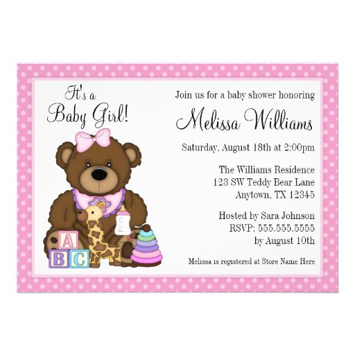 Baby Bear Pink Polka Dots Girl Baby Shower Custom Invitations