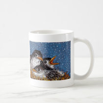 BABY BIRDS IN SNOW mugs