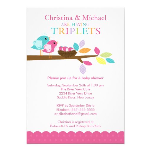 Baby Birds Nest Triplets Baby Shower Invitations (front side)