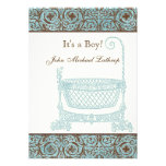 Baby Birth Announcement - Blue Brown Damask Cradle