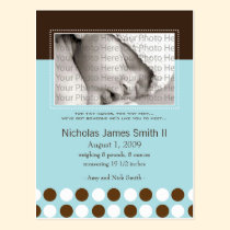 Baby Birth Announcement Blue with Chocolate Dots postcards