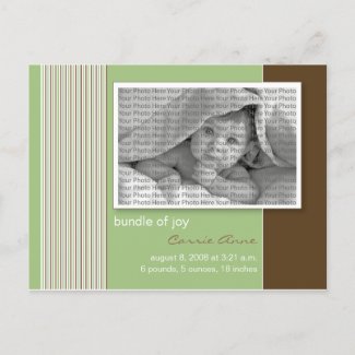 Baby Birth Announcement Green Chocolate Stripes postcard
