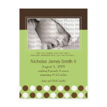 Baby Birth Announcement Green with Chocolate Dots postcards