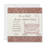 Baby Birth Announcement - Pink Brown Damask Cradle