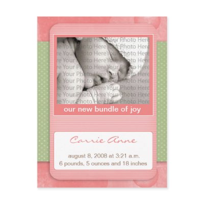 Baby Birth Announcement Pink Polka Dots Post Card by BeezKneez