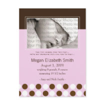 Baby Birth Announcement Pink with Chocolate Dots postcards