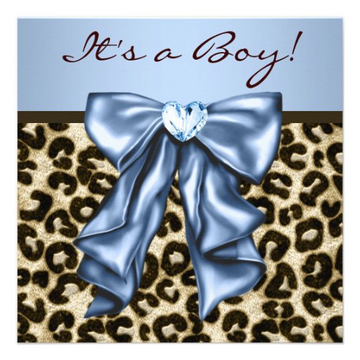 Baby Blue Brown Leopard Baby Boy Shower Custom Invitations