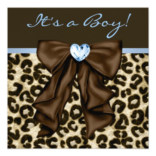 Baby Blue Brown Leopard Baby Boy Shower Personalized Announcement