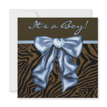 Baby Blue Brown Zebra Baby Boy Shower Personalized Invitation