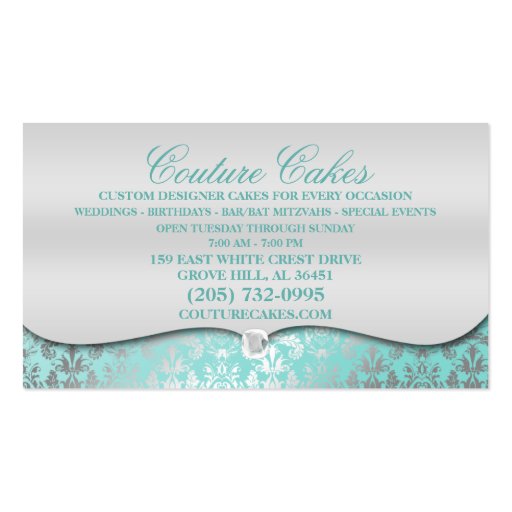 Baby Blue Cake Couture Glitzy Damask Cake Bakery Business Card Template (back side)