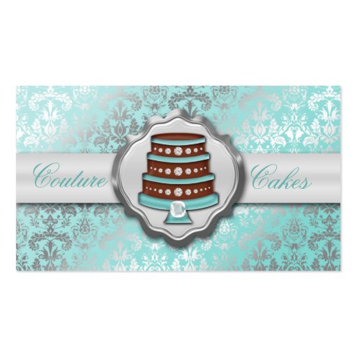 Baby Blue Cake Couture Glitzy Damask Cake Bakery Business Card Template (front side)