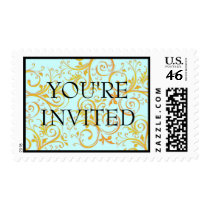 Baby Blue & Gold Flourish "You're Invited" Postage postage