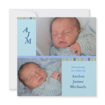 Baby Blue Monogram Photo Birth Announcement