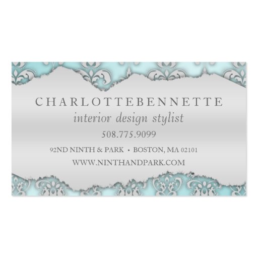 Baby Blue Ripped Damask Interior Design Business Card Template (back side)