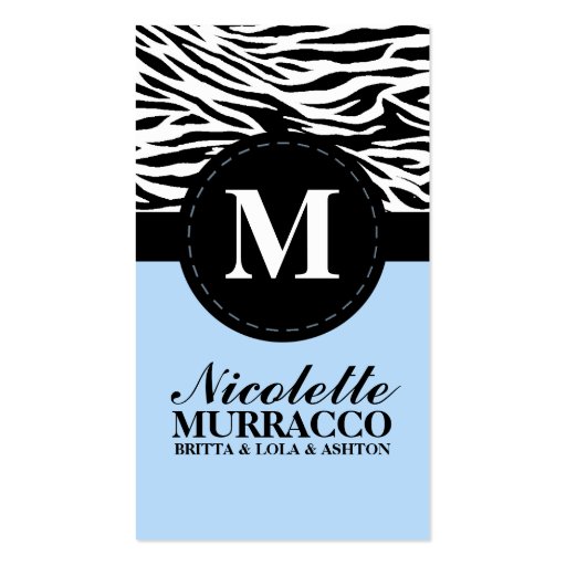 Baby Blue Wild Zebra Print Mommy Calling Card / Business Card Template (front side)