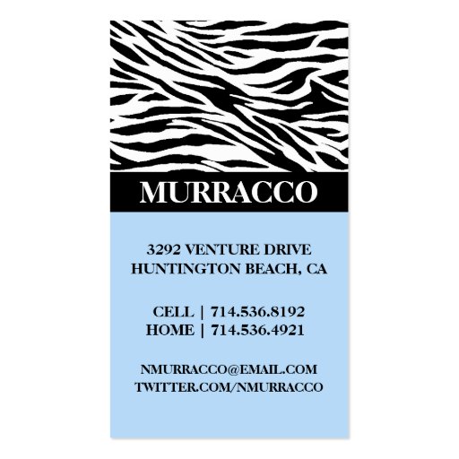 Baby Blue Wild Zebra Print Mommy Calling Card / Business Card Template (back side)