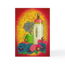 Baby Bottle Decorated With Flowers And Pacifiers cards
