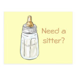 Baby bottle on yellow, Need a sitter? postcard