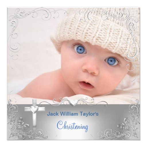 Baby Boy Baptism Christening Silver Cross Personalized Invite (front side)