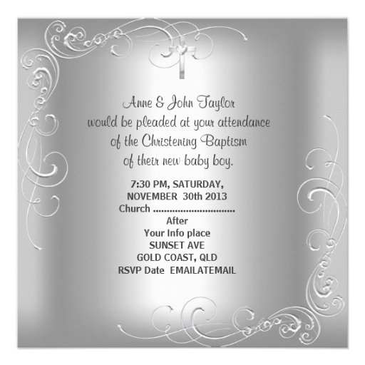 Baby Boy Baptism Christening Silver Cross Personalized Invite